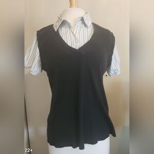 Croft & Barrow combination gray & white stripe short sleeve top with black vest